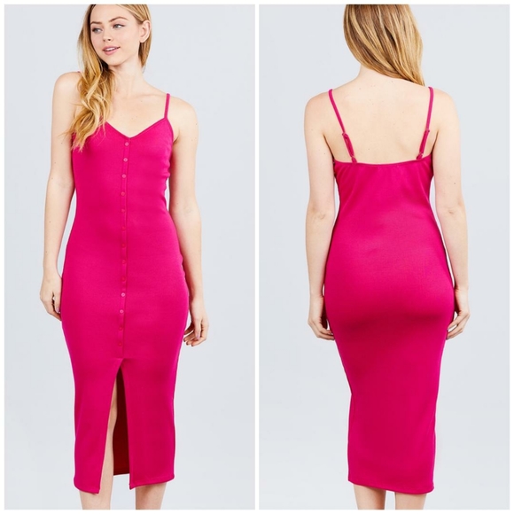LAST ONE❗Trendy Ribbed Midi Dress In Hot Pink - Picture 3 of 4